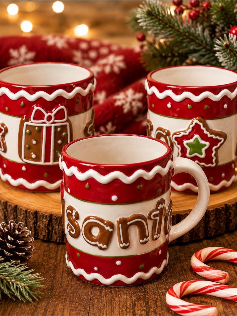 Burton + Burton Set of 3 Santa Gingerbread Christmas Mugs Holiday Ceramic